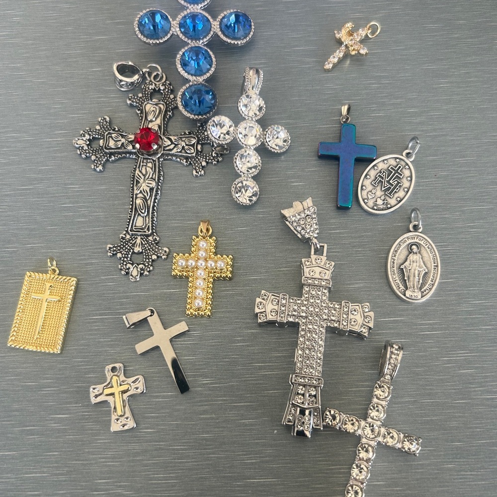 Religious Mixed Cross Pendant Lot - Blue, Gold, Silver (13 total)